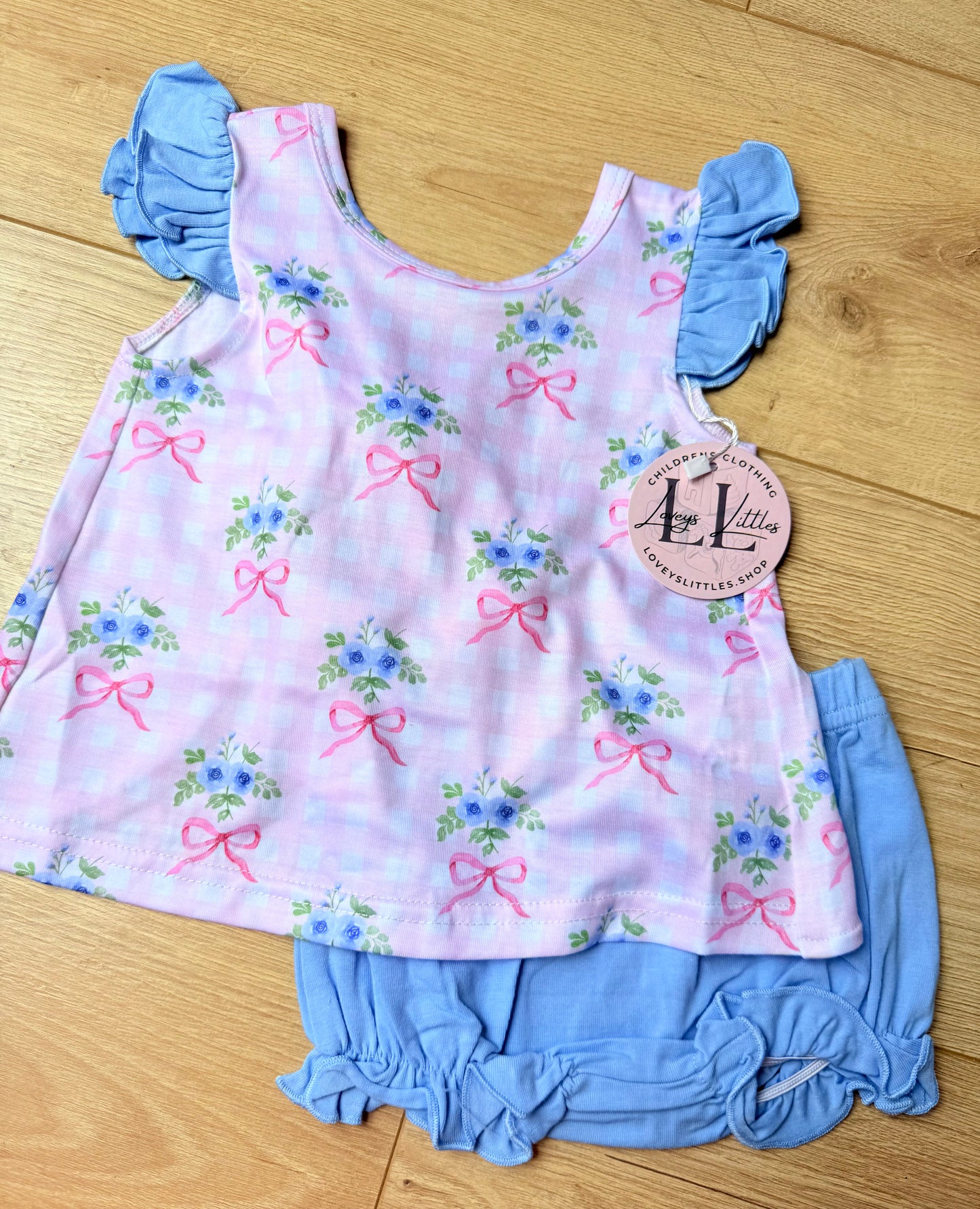 Pink Gingham with Blue Flowers + Ruffle Sleeve Diaper Set