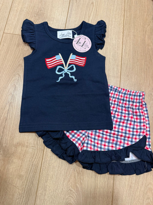 Patriotic Bow and Flag Girl Short Set