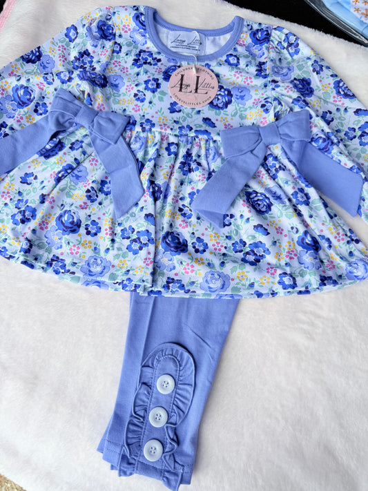 Periwinkle Floral and Bow Pant Set