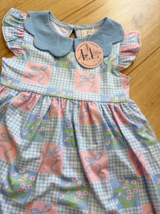 Blue Bow and Flower Patchwork Dress
