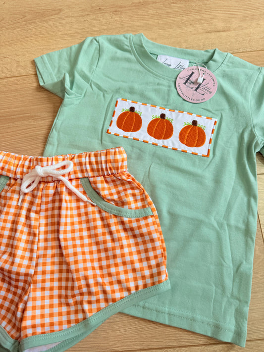 Sage and orange pumpkin embroidery plate boy set