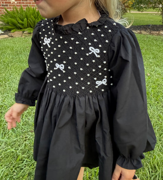 Itty Bitty Black Hand Smocked + Pearls - Bloomer Set