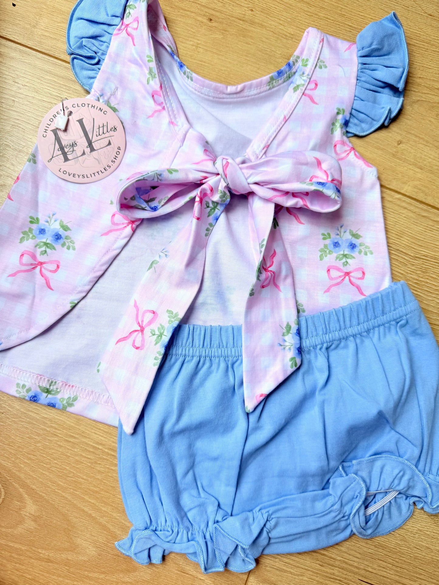 Pink Gingham with Blue Flowers + Ruffle Sleeve Diaper Set