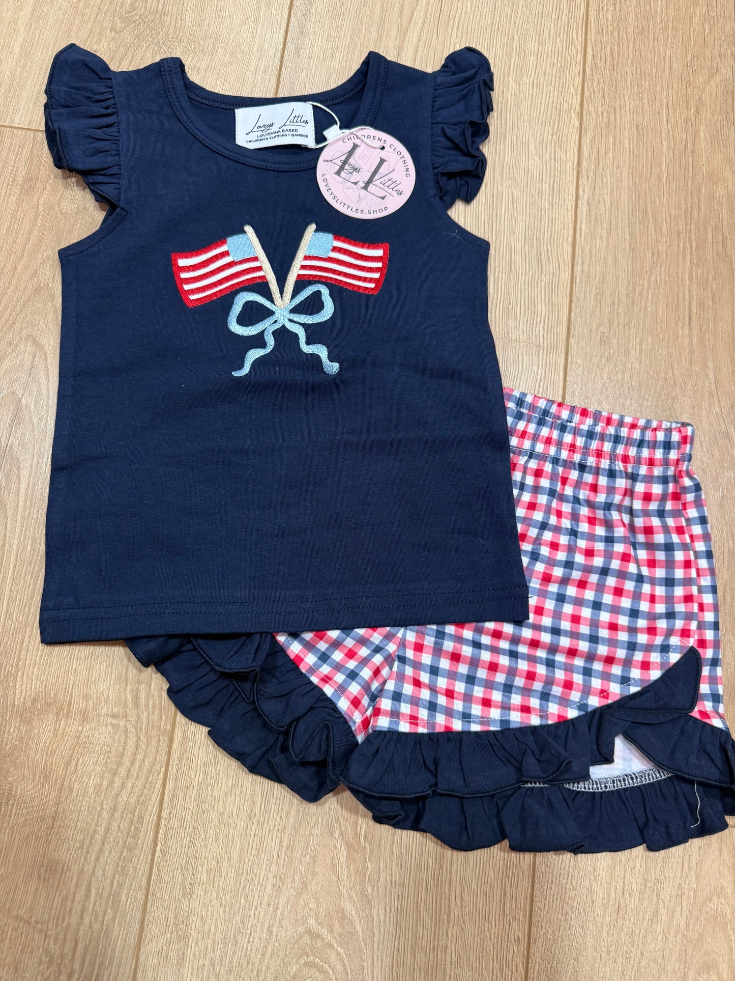 Patriotic Bow and Flag Girl Short Set