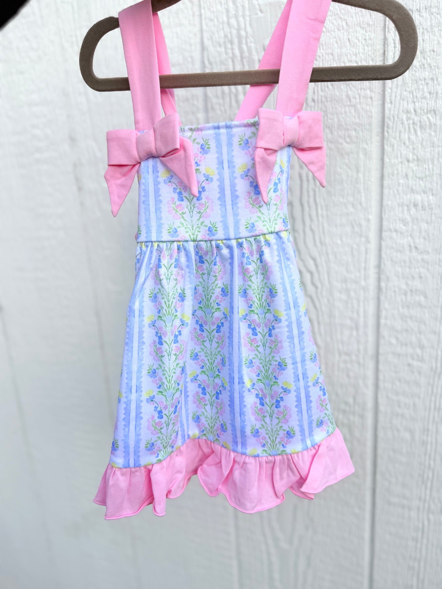 Pink Bow Dress with Blue Stripes and Floral Collection