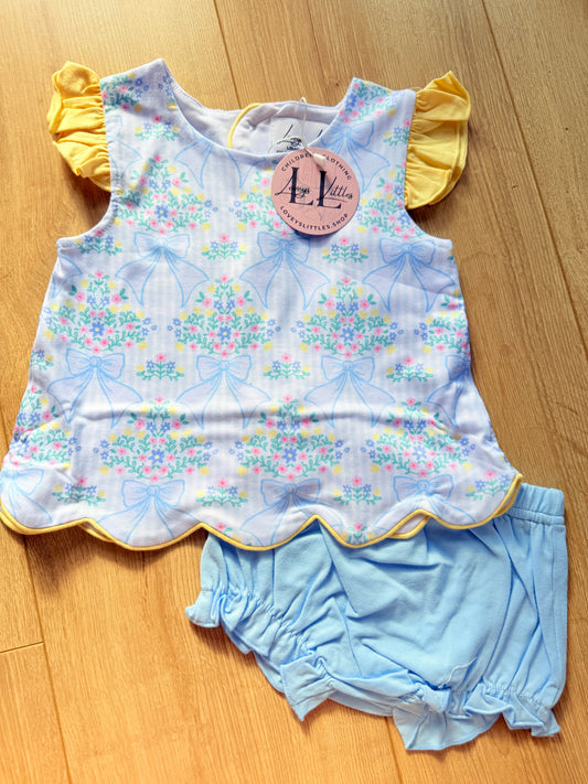Blue and Yellow Floral Bow Diaper Set