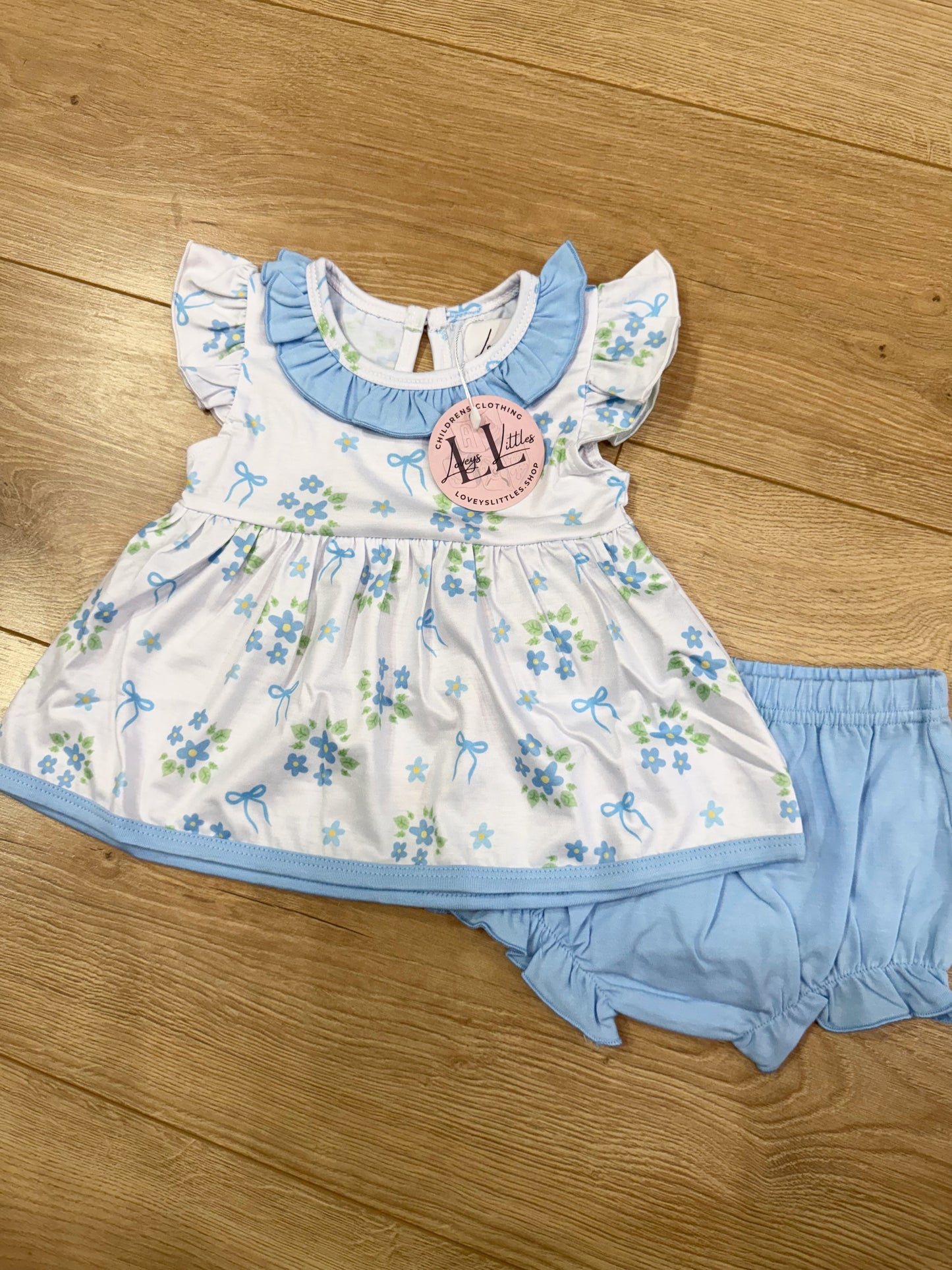 Blue Flower + Bow Diaper Set