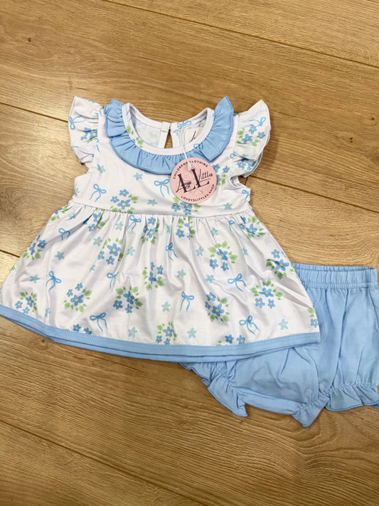 Blue Flower + Bow Diaper Set