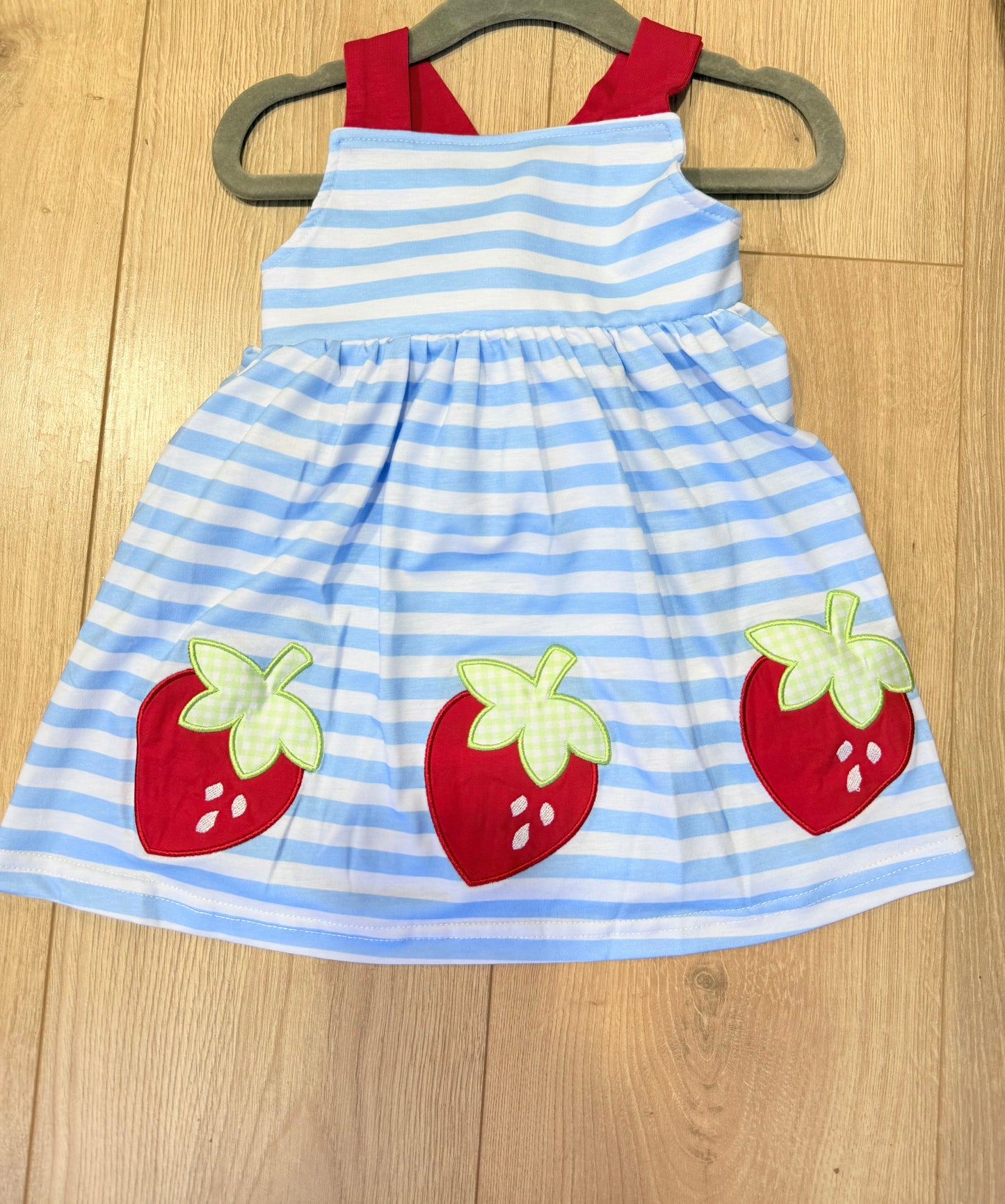 Strawberry Appliqué Blue and White Dress