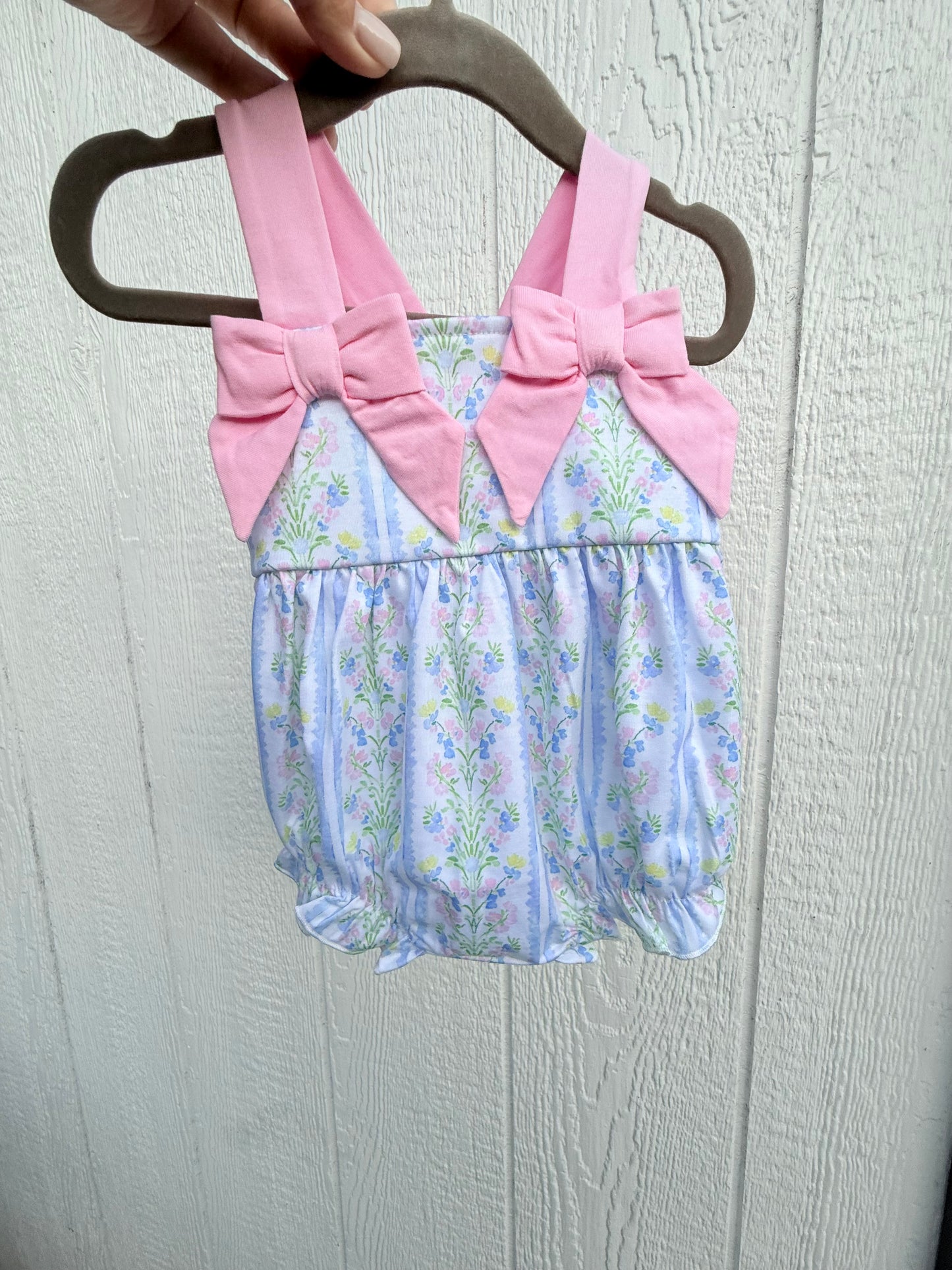 Pink Bow Dress with Blue Stripes and Floral Collection