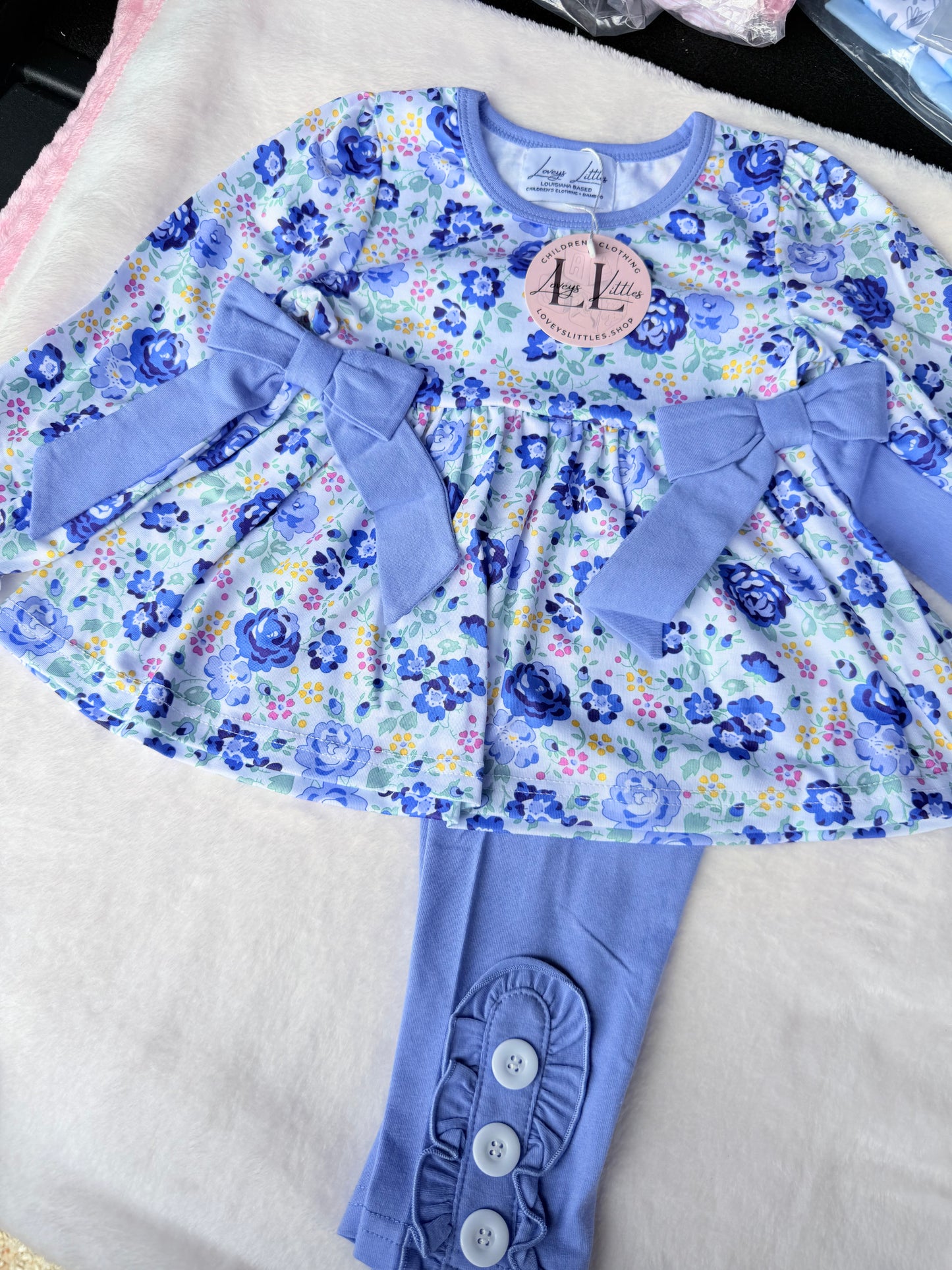 Periwinkle Floral and Bow Pant Set