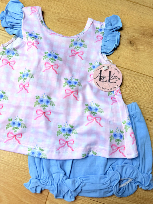 Pink Gingham with Blue Flowers + Ruffle Sleeve Diaper Set