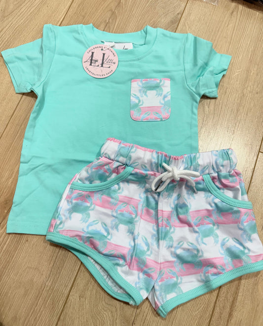Blue Crab Teal & Coral Boy Short Set